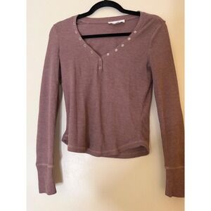 Pink Rose Mauve Waffle Knit girl Henley Long Sleeve Shirt Womens Size Small